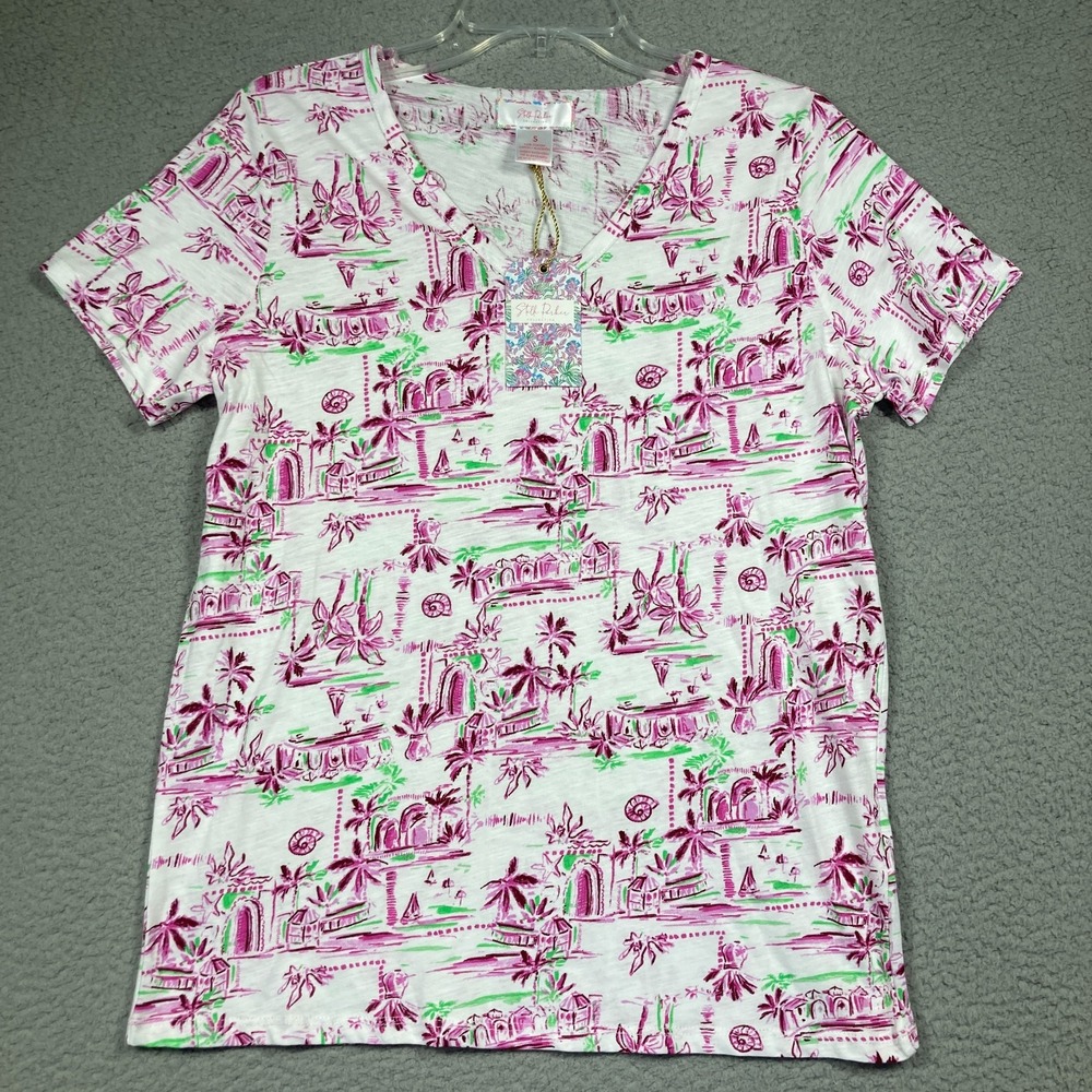 Stella Parker T Shirt Womens Small Purple Palm V Neck Lightweight Travel Tourist